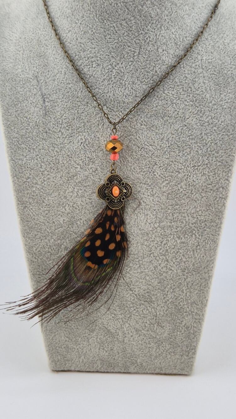 Boho Peacock Feather Long Pendant Necklace Bronze Tone 40" Chain